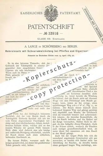 original Patent - A. Lange , Berlin / Schöneberg 1885 , Einsatz an Pfeifen u. Zigarrenspitzen | Zigarre , Pfeife | Tabak