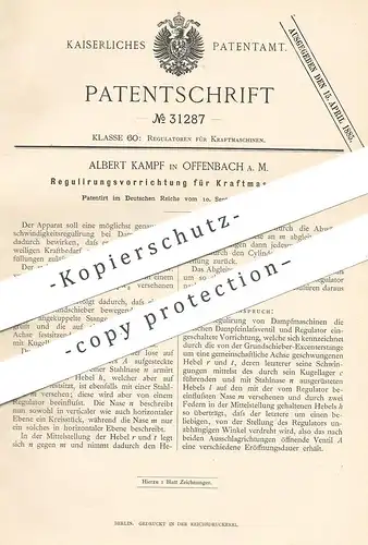 original Patent - Albert Kampf , Offenbach / Main , 1884 , Regulator für Kraftmaschine | Dampfmaschine , Motor , Motoren