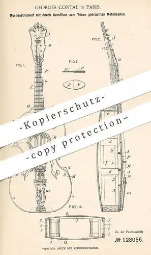 original Patent - Georges Contal , Paris , Frankreich , 1900 , Musikinstrument mit Saiten aus Metall | Harfe , Gitarre !