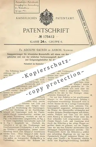 original Patent - Adolph Saurer , Arbon , Schweiz  1905 , Sauggaserzeuger für bituminösen Brennstoff | Gaserzeuger | Gas