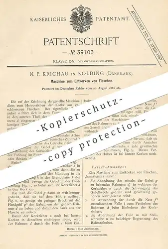 original Patent - N. P. Krichau , Kolding , Dänemark , 1886 , Entkorken von Flaschen | Kork , Korken , Korkenzieher !!