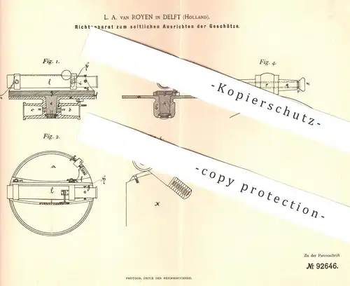 original Patent - L. A. van Royen , Delft / Holland | seitliches Ausrichten der Geschütze | Geschütz , Waffe , Gewehr !!