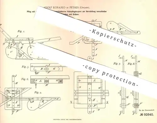 original Patent - Adolf Korajko , Petres , Ungarn 1896 , Pflug für verschieden breite Furchen | Pflügen | Landwirtschaft