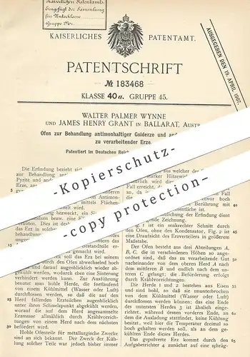 original Patent - Walter Palmer Wynne , James Henry Grant , Ballarat , Australien | 1905 | Ofen für Erz , Erze | Golderz