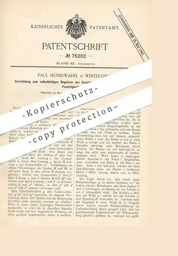 original Patent - Paul Hünerwadel , Winterthur 1893 , Regulierung von Lufttemperatur - Feuchtigkeitsgehalt - Verhältnis