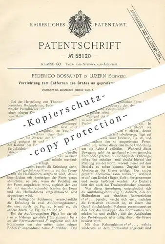 original Patent - Federico Bossardt , Luzern Schweiz 1890 , Entfernen von Grat am gepressten Formstein | Ziegel , Presse