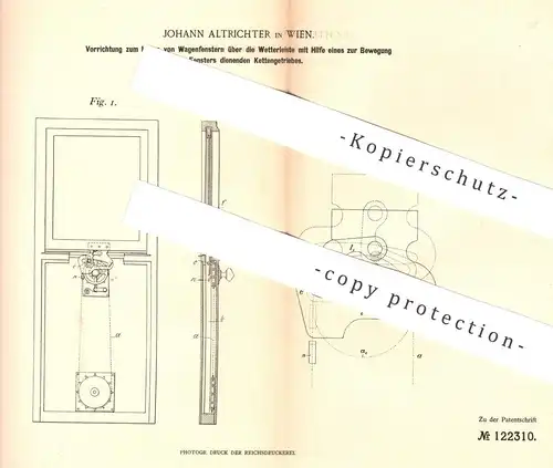 original Patent - Johann Altrichter , Wien , Österreich  1900 , Heben der Wagenfenster | Eisenbahn - Fenster | Automobil