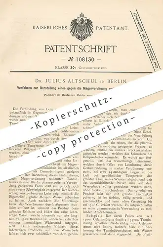 original Patent - Dr. Julius Altschul , Berlin , 1898 , resistenter Leimtannat gegen Magenverdauung | Medizin | Leim !!!