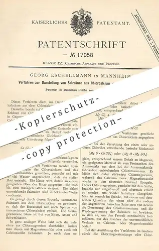 original Patent - Georg Eschellmann , Mannheim , 1881 , Darst. von Salzsäure aus Chlorcalcium u. Chlormagnesium | Chemie