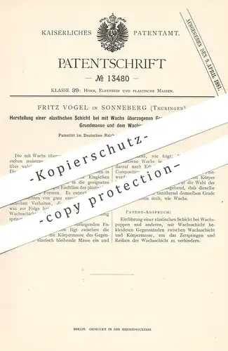 original Patent - Fritz Vogel , Sonneberg / Thüringen , 1880 , elastische Schicht | Gegenstände aus Wachs | Form !!!