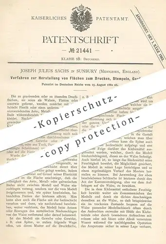 original Patent - Joseph Julius Sachs , Sunbury , Middlesex , England , 1882 , Fläche für Druck , Stempel | Walzen !!