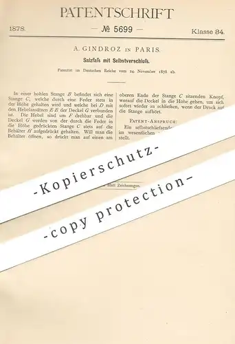 original Patent - A. Gindroz , Paris , Frankreich 1878 , Salzfass mit Selbstverschluss | Fass f. Salz & Pfeffer | Schale