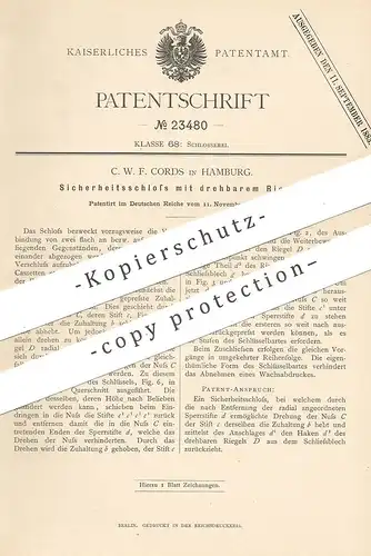 original Patent - C. W. F. Cords , Hamburg , 1882 , Sicherheitsschloss mit drehbarem Riegel | Schloss , Türschloss !!!