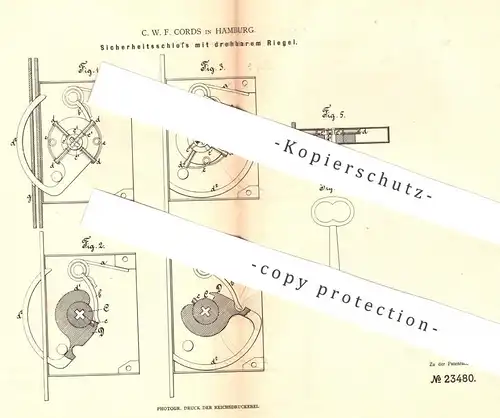 original Patent - C. W. F. Cords , Hamburg , 1882 , Sicherheitsschloss mit drehbarem Riegel | Schloss , Türschloss !!!