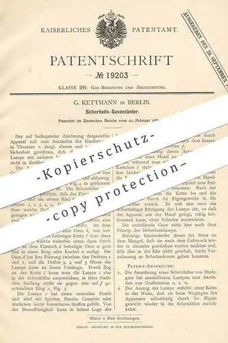 original Patent - G. Kettmann , Berlin , 1882 , Sicherheits- Gasanzünder | Gas - Anzünder | Zünder , Brenner , Licht !!