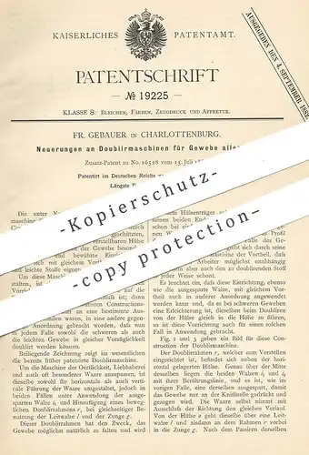 original Patent - Fr. Gebauer , Berlin / Charlottenburg , 1882 , Doubliermaschine für Gewebe | Doublieren | Stoff !!!