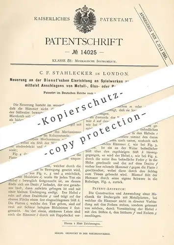 original Patent - C. F. Stahlecker , London , England | Spielwerk zur Tonerzeugung | Musik | Orgel , Drehorgel | Dienst