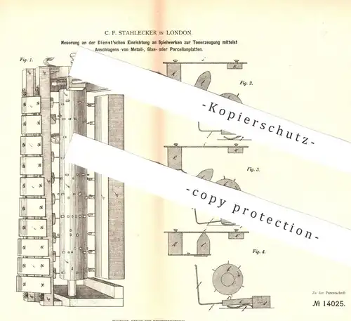 original Patent - C. F. Stahlecker , London , England | Spielwerk zur Tonerzeugung | Musik | Orgel , Drehorgel | Dienst