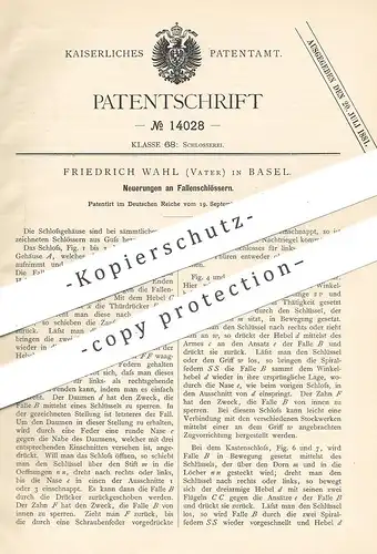 original Patent - Friedrich Wahl , Basel , 1880 , Fallenschloss | Schloss , Türschloss , Tür , Schlosser , Schlosserei