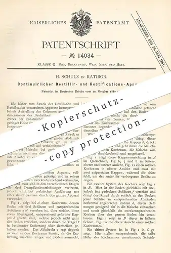 original Patent - H. Schulz , Ratibor , 1880 , Kontinuierlicher Destillier- u. Rectifikations-Apparat | Destillation !!