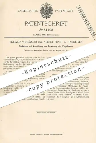 original Patent - Eduard Schlösser , Albert Ernst , Hannover , 1884 , Gewinnung von Flugstaub | Hütte | Dampfkessel !!!