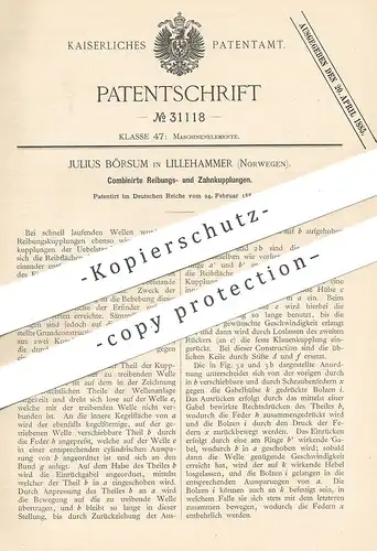 original Patent - Julius Börsum , Lillehammer , Norwegen  1884 , Kombinierte Reibungskupplung u. Zahnkupplung | Kupplung