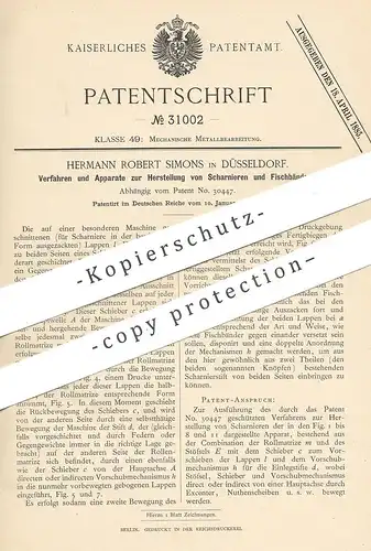 original Patent - Hermann Robert Simons , Düsseldorf , 1884 , Herstellung von Scharnier u. Fischband | Metall !!