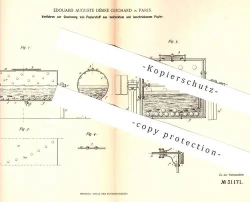 original Patent - Edouard Auguste Désiré Guichard , Paris , Frankreich , 1884 , Papierstoff aus bedrucktem Papier !!!