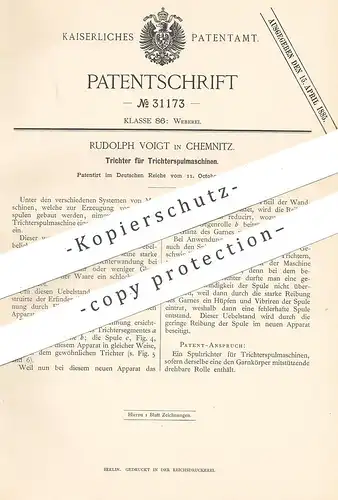 original Patent - Rudolph Voigt , Chemnitz , 1884 , Trichter für Trichterspulmaschinen | Spulmaschine | Spule , Weben !
