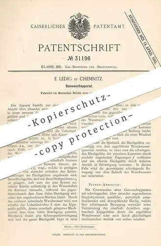 original Patent - E. Ledig , Chemnitz , 1884 , Gaswaschapparat | Gas waschen | Gas , Gasrohr , Licht , Brenner !!!