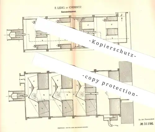 original Patent - E. Ledig , Chemnitz , 1884 , Gaswaschapparat | Gas waschen | Gas , Gasrohr , Licht , Brenner !!!