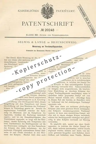 original Patent - Selwig & Lange , Braunschweig , 1882 , Verdampfapparat | Verdampfer | Zucker , Zuckerfabrik | Dampf !!