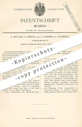 original Patent - E. Mittler , Zürich | G. Sommer , Augsburg , 1882 , Lagermetall | Lager - Metall | Eisen , Stahl !!