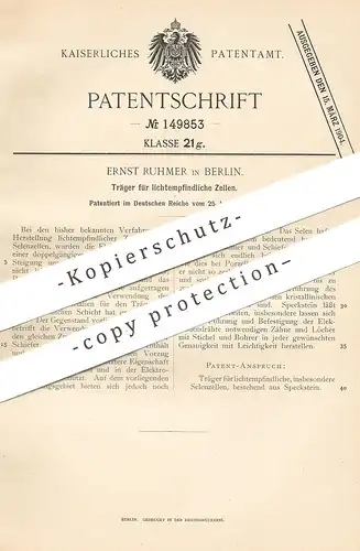 original Patent - Ernst Ruhmer , Berlin , 1903 , Träger für lichtempfindliche Zellen aus Speckstein | Selen , Glas !!!