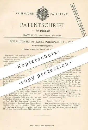 original Patent - Léon Budzinski , Basile Schwouwaloff , Berlin 1898 , Stahlverbesserungspulver | Stahl , Eisen , Metall