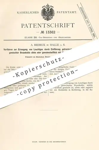 original Patent - A. Riebeck , Halle / Saale 1880 , Erzeugung von Leuchtgas | Gas | Braunkohle , Paraffinöl , Steinkohle