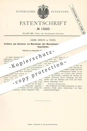 original Patent - Gebrüder Simon , Wien , 1880 , Schwärzen von Meerschaum o. Meerschaummasse  | Sägespäne , Ofen , Herd