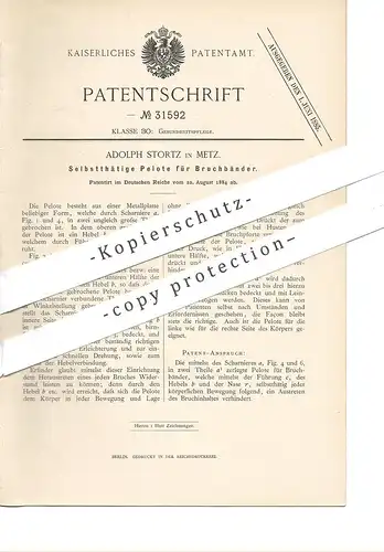 original Patent - Adolph Stortz , Metz , 1884 , Pelote für Bruchbänder | Bruchband , Verband , Medizin , Arzt !!!