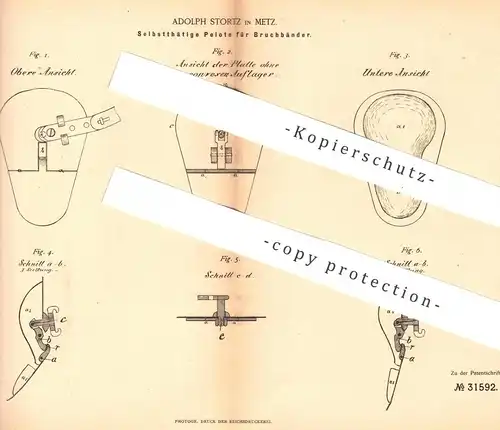 original Patent - Adolph Stortz , Metz , 1884 , Pelote für Bruchbänder | Bruchband , Verband , Medizin , Arzt !!!