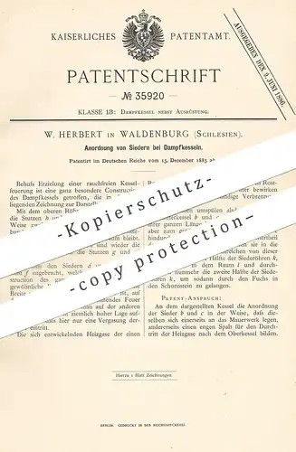 original Patent - W. Herbert , Waldenburg , Schlesien , 1885 , Anordnung von Siedern am Dampfkessel | Kessel - Sieder !!