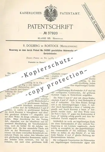 original Patent - R. Dolberg , Rostock , Mecklenburg , 1886 , Hebewerk mit bügelförmigem Gerüstständer | Aufzug , Winde