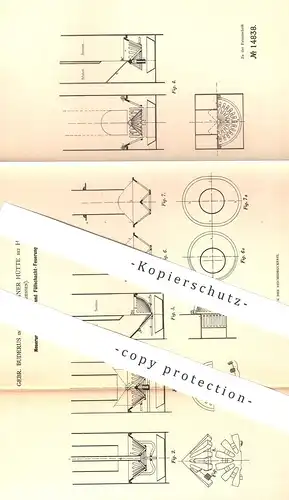 original Patent - Gebr. Buderus , Hirzenhainer Hütte / Hirzenhain , 1881 , Ofenrost u. Füllschacht - Feuerung | Heizung
