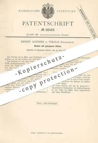 original Patent - Ernest Guenser , Verdun , Frankreich , 1883 , Rechen mit gebogenem Zinken | Harke , Landwirtschaft !!