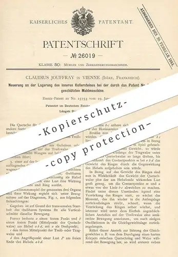 original Patent - Claudius Jouffray , Vienne , Isère , Frankreich | Lagerung von Kollerstein an Mahlmaschine | Mühle