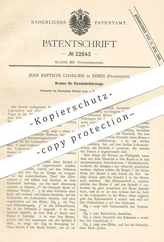 original Patent - Jean Baptiste Charlier , Nimes , Frankreich , 1882 , Bremse für Eisenbahnfahrzeuge | Eisenbahn Bremsen
