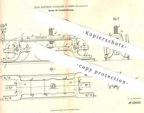 original Patent - Jean Baptiste Charlier , Nimes , Frankreich , 1882 , Bremse für Eisenbahnfahrzeuge | Eisenbahn Bremsen