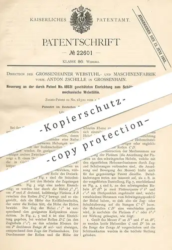 original Patent - Webstuhl- u. Maschinenfabrik Grossenhain | Anton Zschille | 1882 | Schützenwechsel f. mechan. Webstuhl