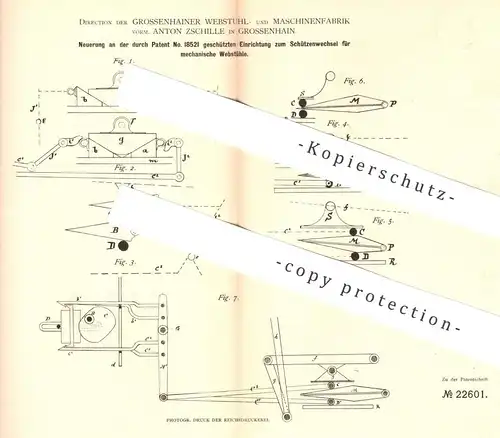 original Patent - Webstuhl- u. Maschinenfabrik Grossenhain | Anton Zschille | 1882 | Schützenwechsel f. mechan. Webstuhl