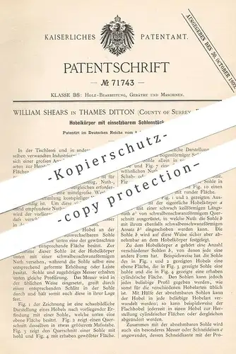original Patent - William Shears , Thames Ditton , Surrey , England , 1893 , Hobelkörper | Hobel , Tischler , Holz !!!