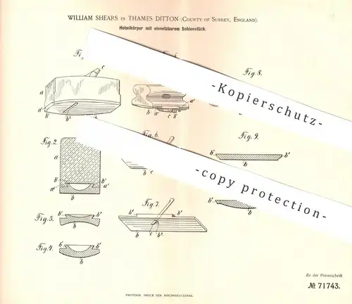 original Patent - William Shears , Thames Ditton , Surrey , England , 1893 , Hobelkörper | Hobel , Tischler , Holz !!!